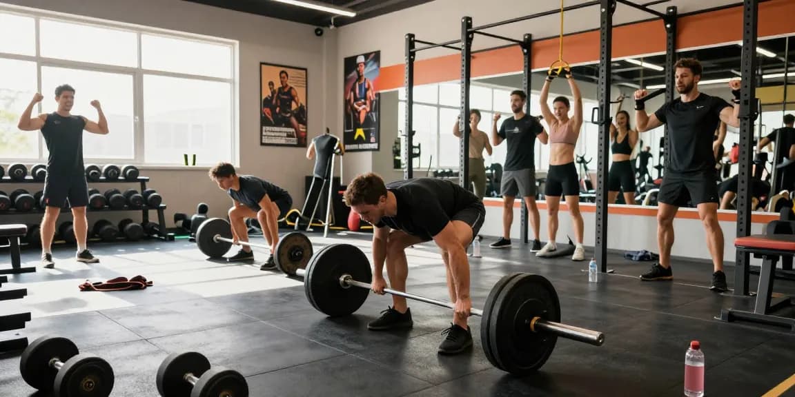 Anabolika Shop - Fitness-Enthusiast hebt Gewichte im modernen Fitnessstudio mit Licht und motivierenden Elementen