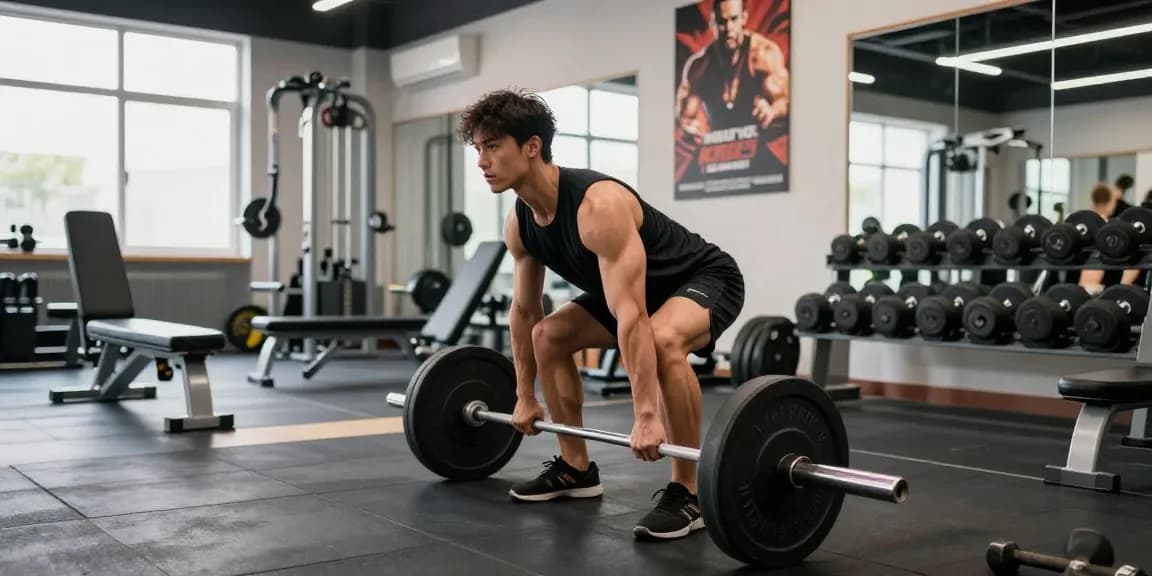 Bodybuilder beim Training im Selliza Shop mit Gewichten im modernen Fitnessstudio.