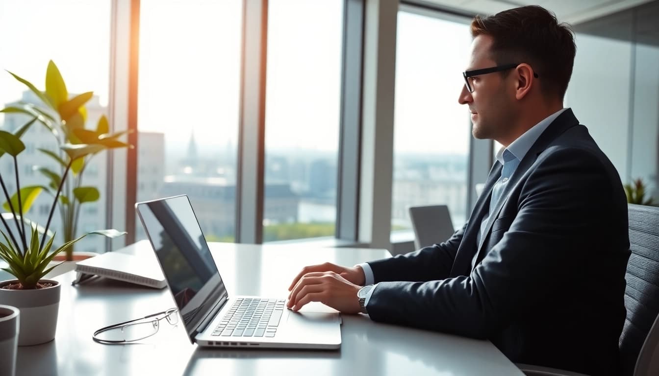 Headhunter Schweiz in modern office setting connecting with clients via video call.