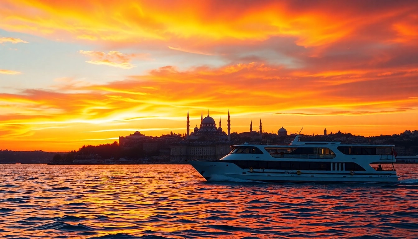 Bosphorus sunset cruise with a boat gliding through tranquil waters against Istanbul's skyline.