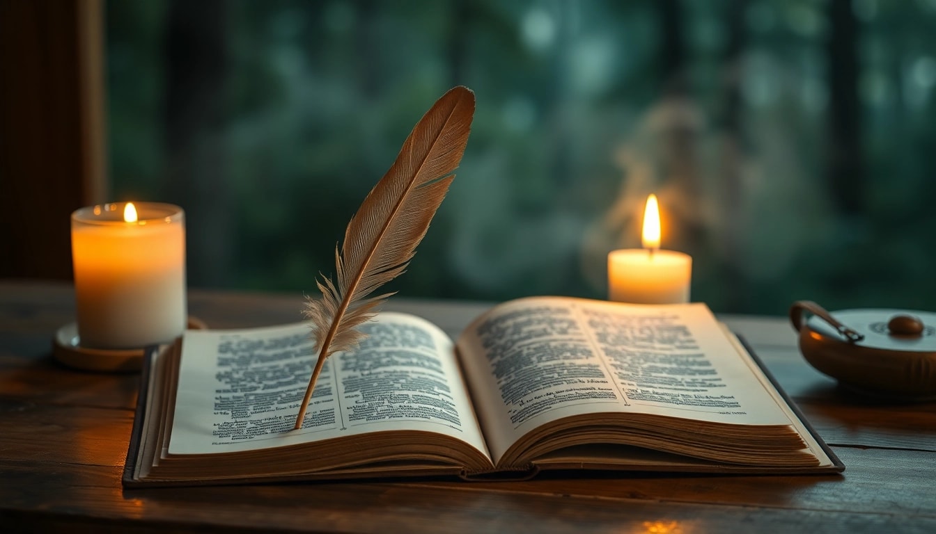 Schutzgebet in einem spirituellen Setting mit einem offenen Buch und einer Feder.