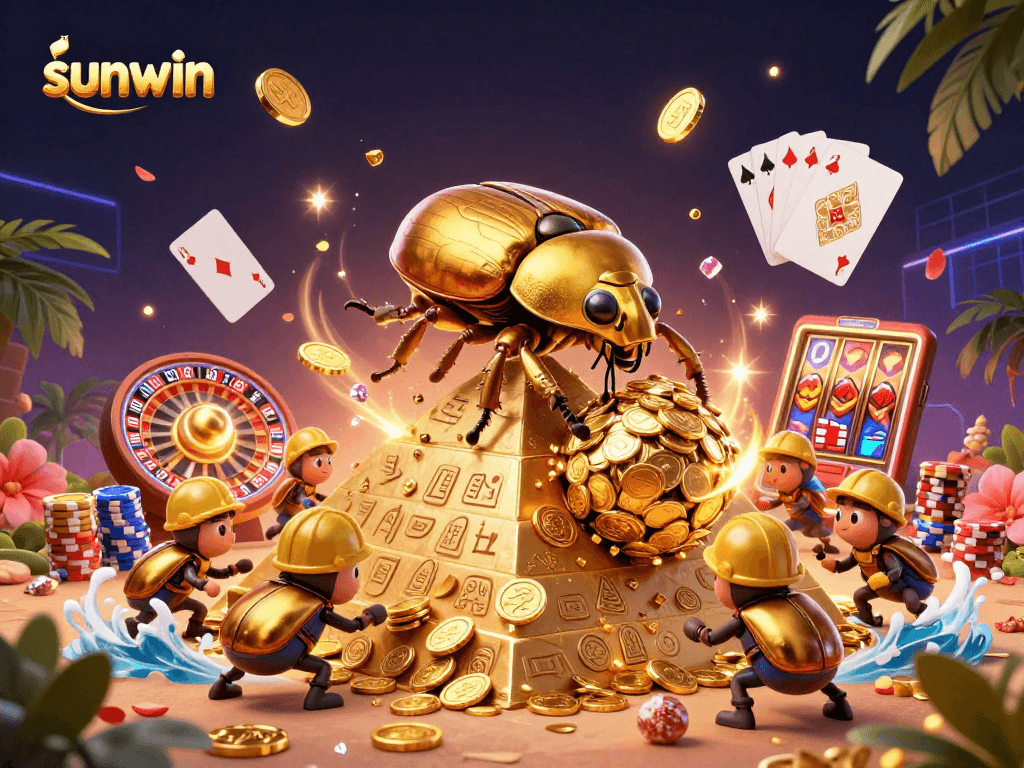 Experience the excitement of sunwin with a vibrant casino scene featuring golden beetles and casino elements.