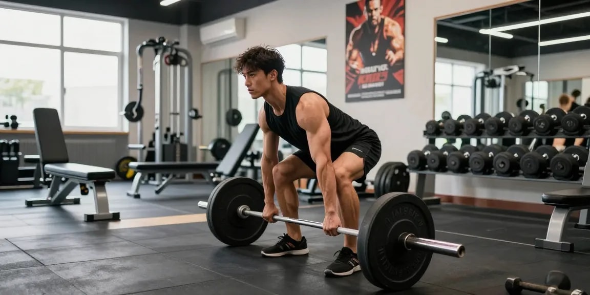Bodybuilder beim Training im Selliza Shop mit Gewichten im modernen Fitnessstudio.