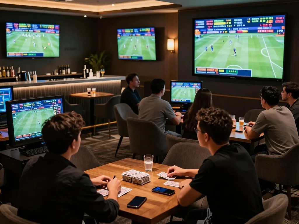 Sports bettors analyzing odds at SC88e lounge with live games on screens