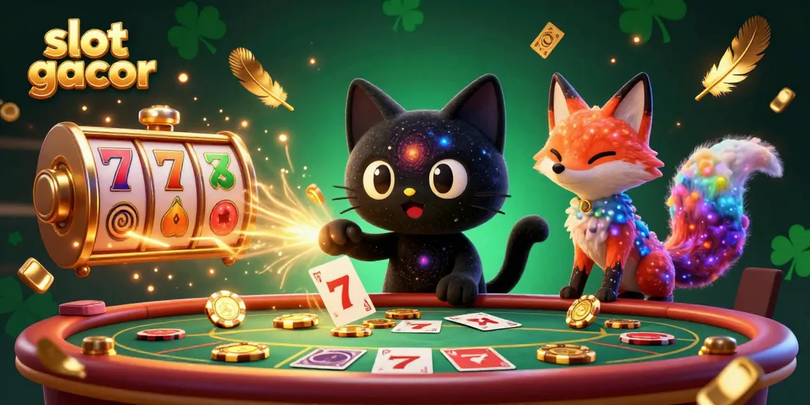 Experience vibrant slot gacor action with a cosmic cat and nebula fox at a casino table.