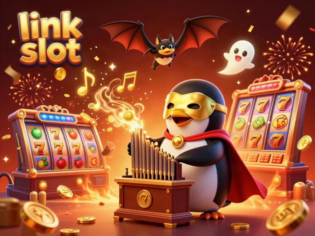 Experience joy with link slot payouts as a whimsical penguin plays a golden coin organ in a vibrant casino