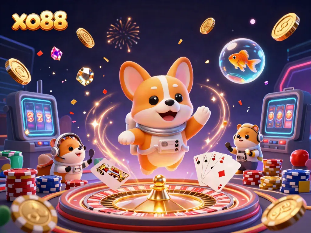 Experience thrilling gameplay at XO88 with a vibrant scene featuring floating coins, a roulette wheel, and colorful poker chips.