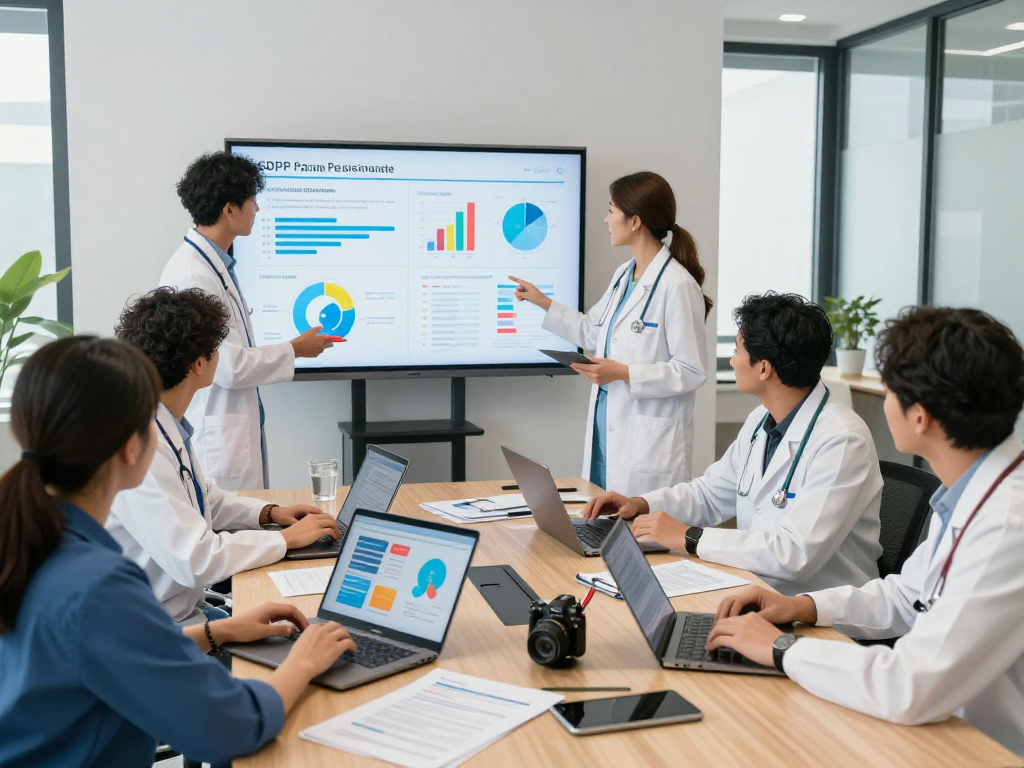 Healthcare professionals collaborating on Datenschutz und Barrierefreiheit in Gesundheitswesen Arzt practices, analyzing patient data protection measures.