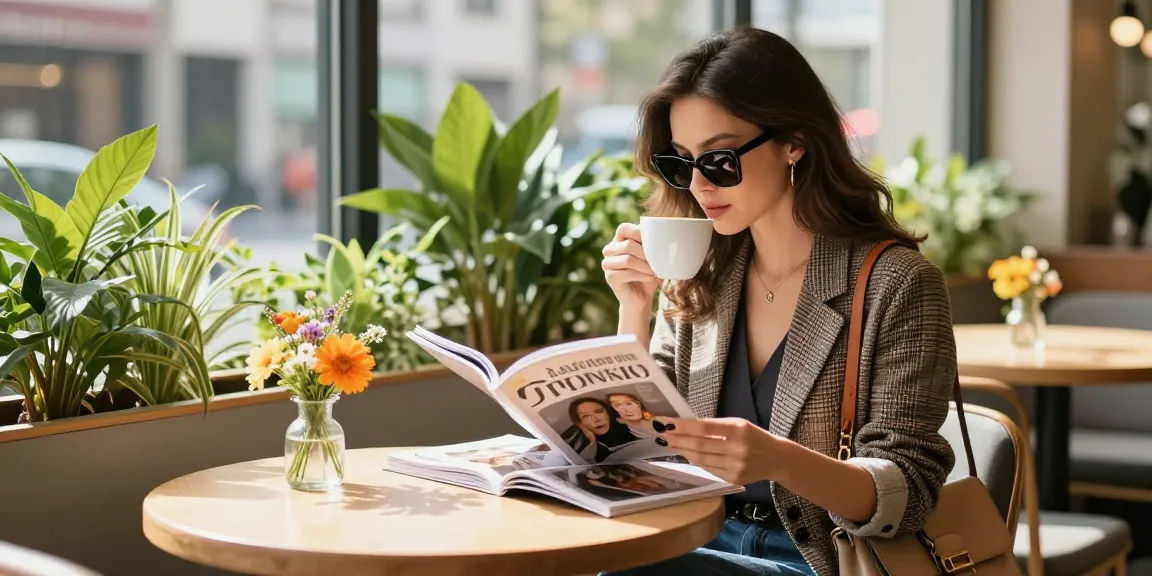 Modische Frau in einem Café mit https://www.lady-lifestyle.de/ in der Hand und Kaffetasse.