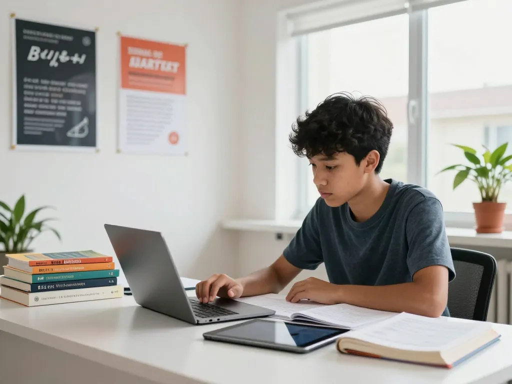Student, der einen Hausaufgaben Löser online an einem modernen Schreibtisch umgeben von Lehrbüchern nutzt.