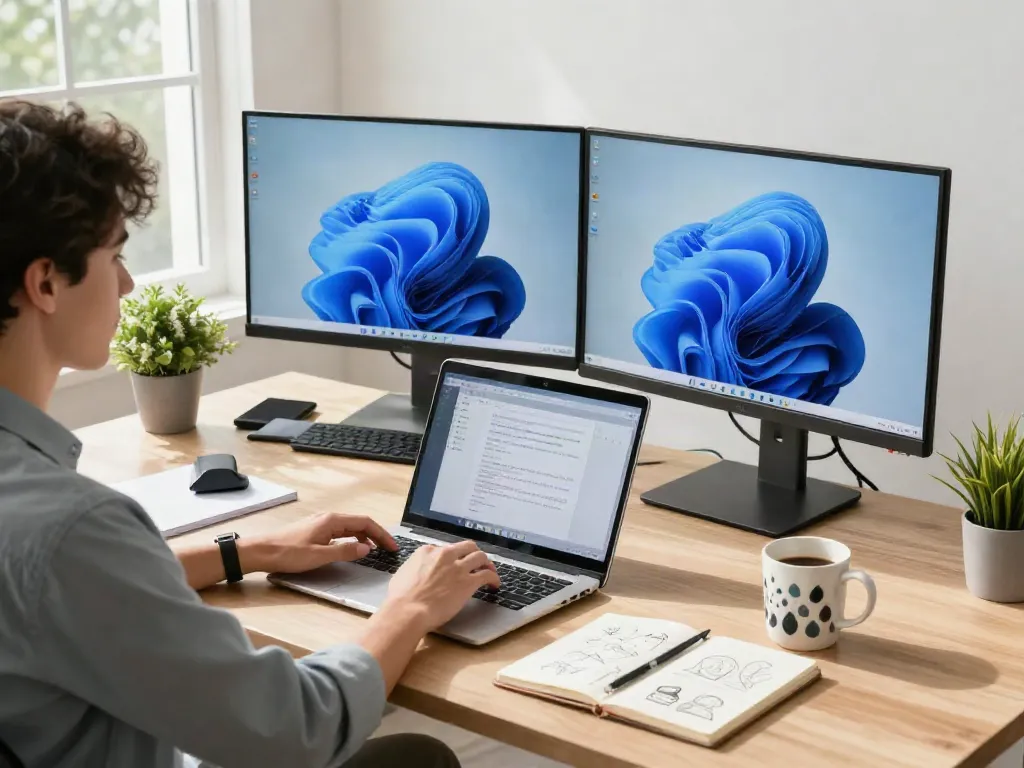 Modernen Arbeitsplatz mit Windows 11 Home, professioneller Nutzer am Laptop mit dualen Monitoren, produktive Atmosphäre.