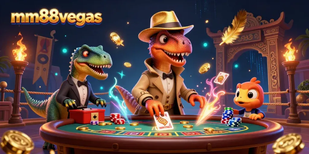 Experience the immersive mm88vegas casino world with a velociraptor card counter and thrilling gaming elements.