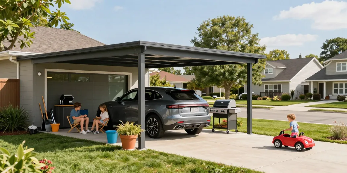 Moderne Carport-Installation mit Familie im Garten und Fahrzeug darunter.