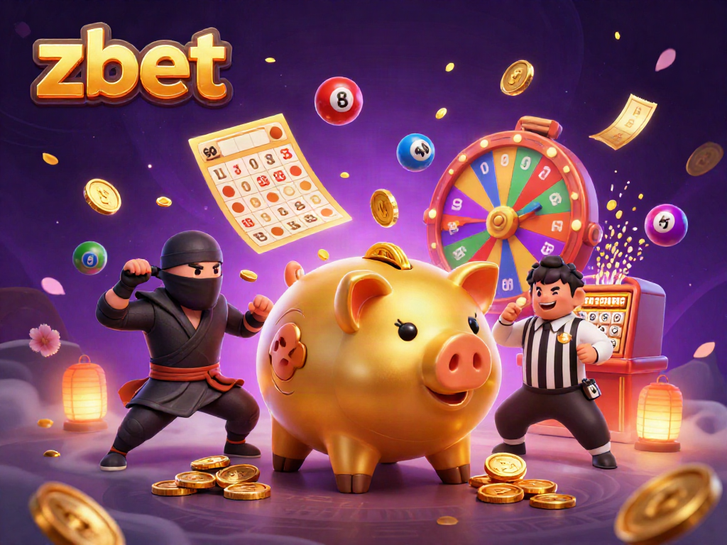 Join zbet's exhilarating atmosphere with a dynamic scene featuring cartoonish characters and vibrant gambling elements.