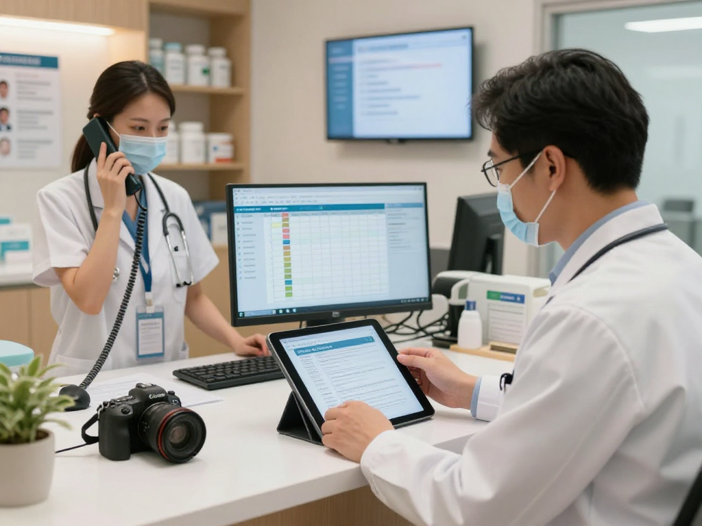 Datenschutz und Barrierefreiheit in Arztpraxen im Gesundheitswesen, professionelles Büro mit Ärzten und digitaler Patientendatenverwaltung.