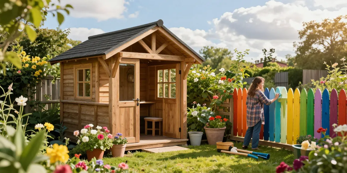 Gartenhäuser aus Holz im schönen Garten mit blühenden Pflanzen und entspannter Atmosphäre.