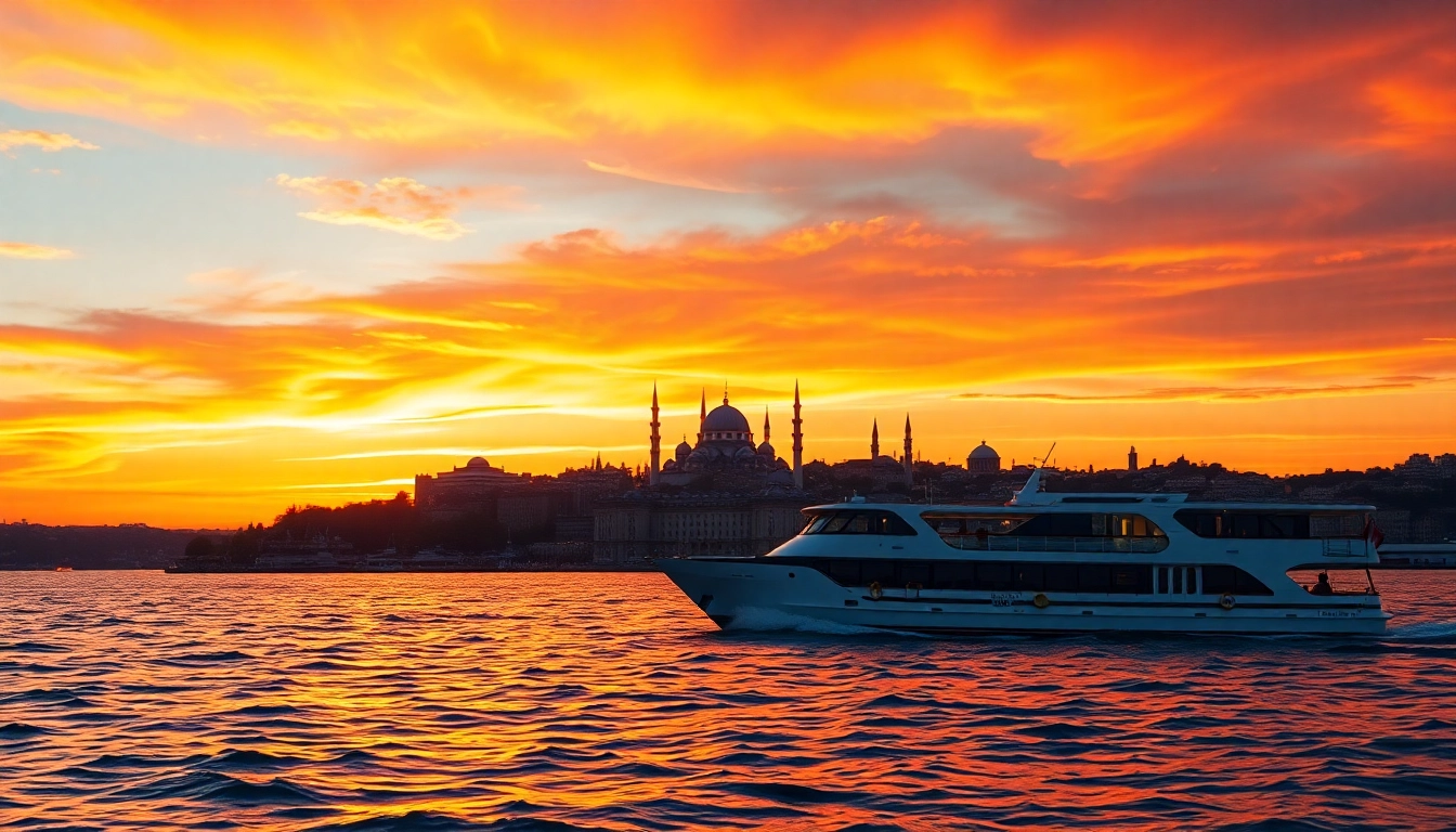 Bosphorus sunset cruise with a boat gliding through tranquil waters against Istanbul's skyline.
