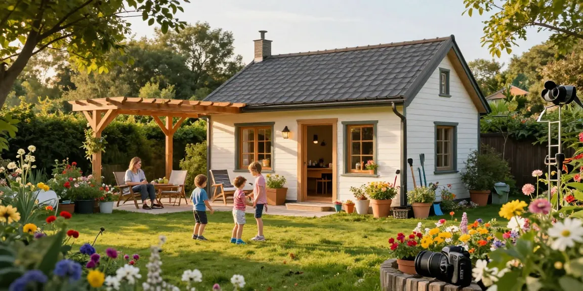 Wunderschönes Gartenhaus umgeben von blühenden Pflanzen im Garten.