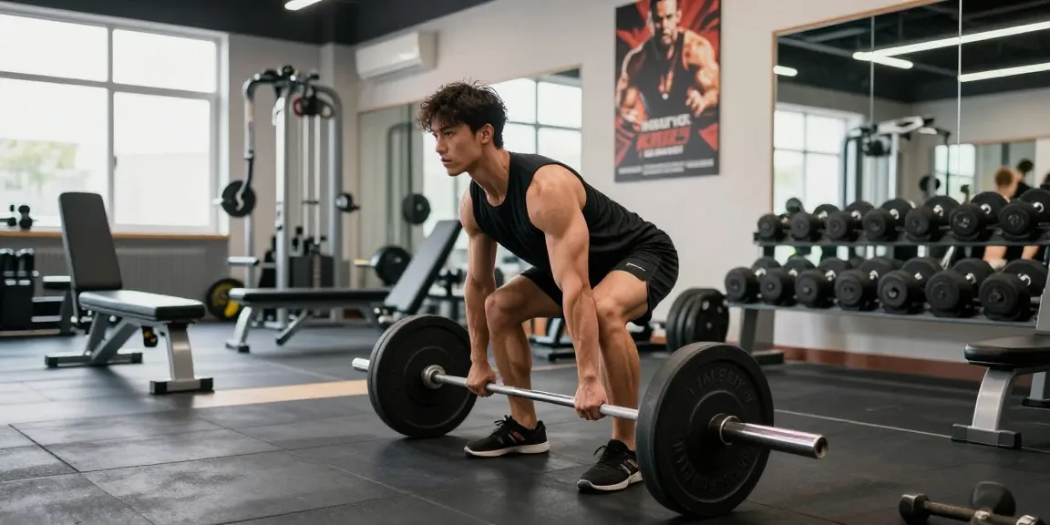 Bodybuilder beim Training im Selliza Shop mit Gewichten im modernen Fitnessstudio.