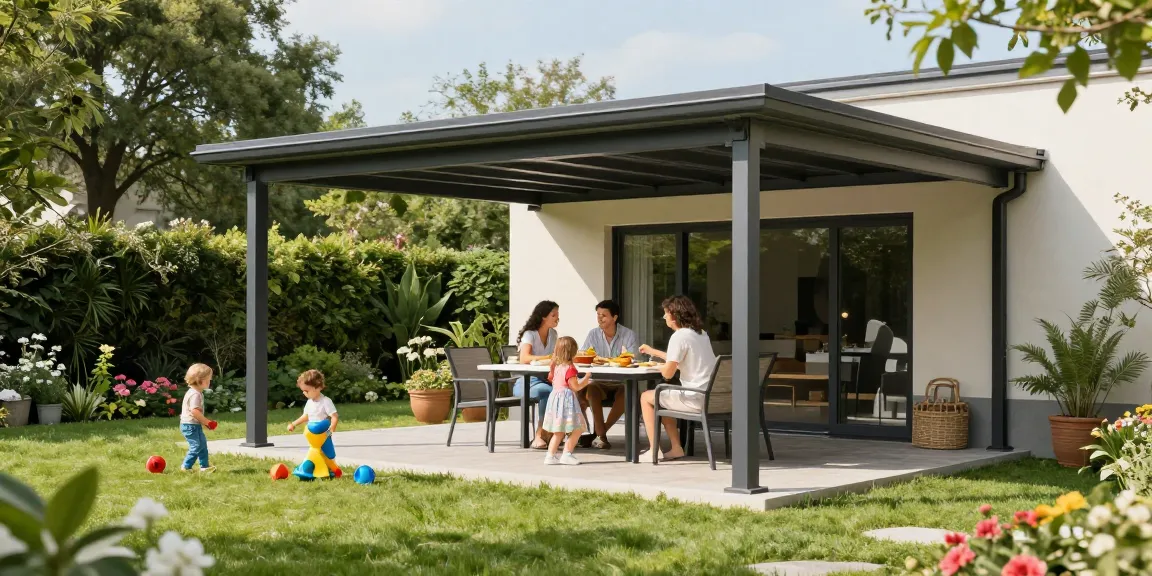 Freistehende Terrassenüberdachung in einem schönen Garten mit Familie, die einen sonnigen Nachmittag genießt.