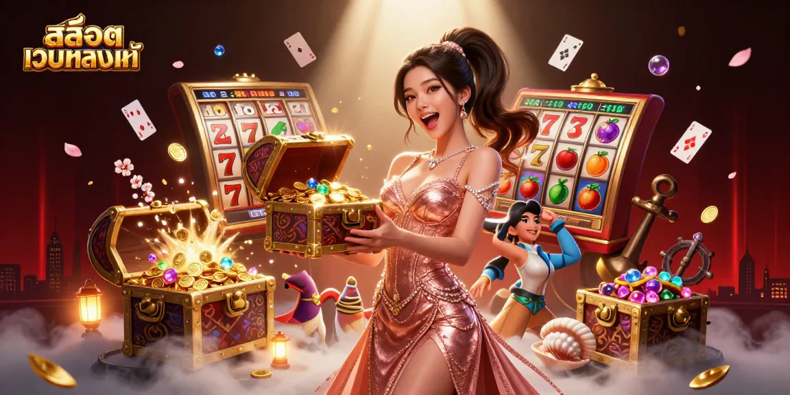Experience thrilling gameplay with สล็อตเว็บตรงแท้ showcasing an exciting scene filled with gold coins and slot reels.