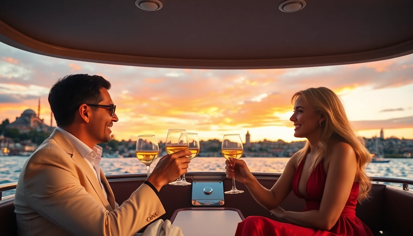 Bosphorus sunset cruise with couples enjoying wine amidst a stunning sunset backdrop.