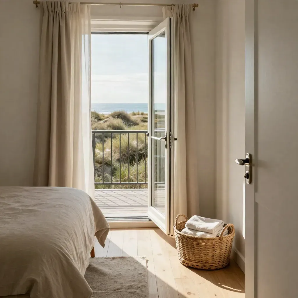 Gemachte Ferienwohnung mit offenem Balkon, Wäschekorb und zwei Handtüchern im warmen Licht.