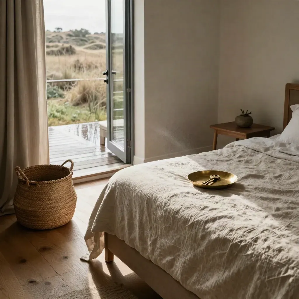 Sylt-Apartment mit gemachtem Bett, Schlüsselablage, Korb und offener Terrassentür nach dem Regen.