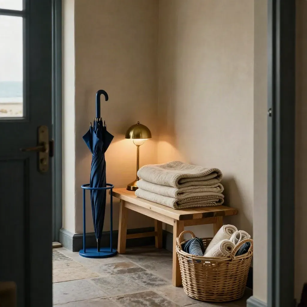 Gemütliche Gästeservice-Ecke mit Schirmständer, Decke und warmer Lampe im Eingangsbereich