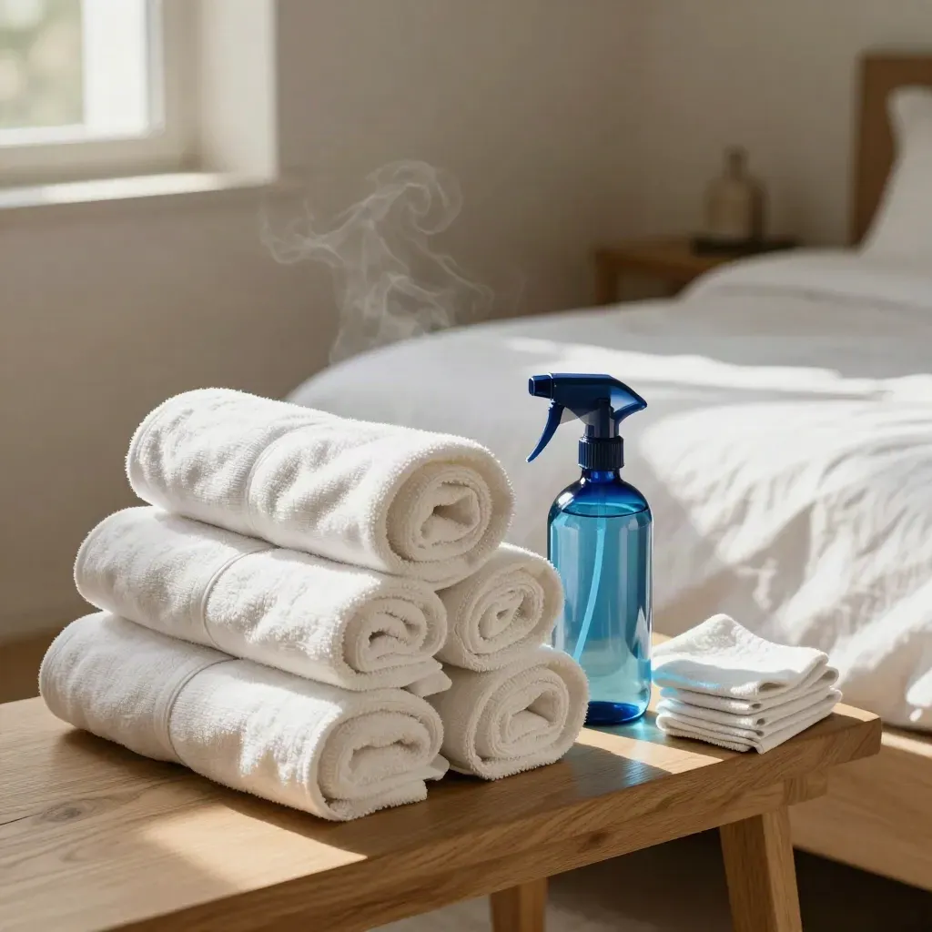 Weiße Wäsche, Handtücher und Reinigungsflasche in einem frisch hergerichteten Schlafzimmer auf Sylt.
