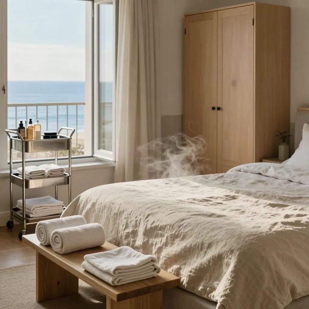 Frisch gereinigtes Hörnum-Schlafzimmer mit gefalteter Bettdecke, Handtüchern und Putzwagen.