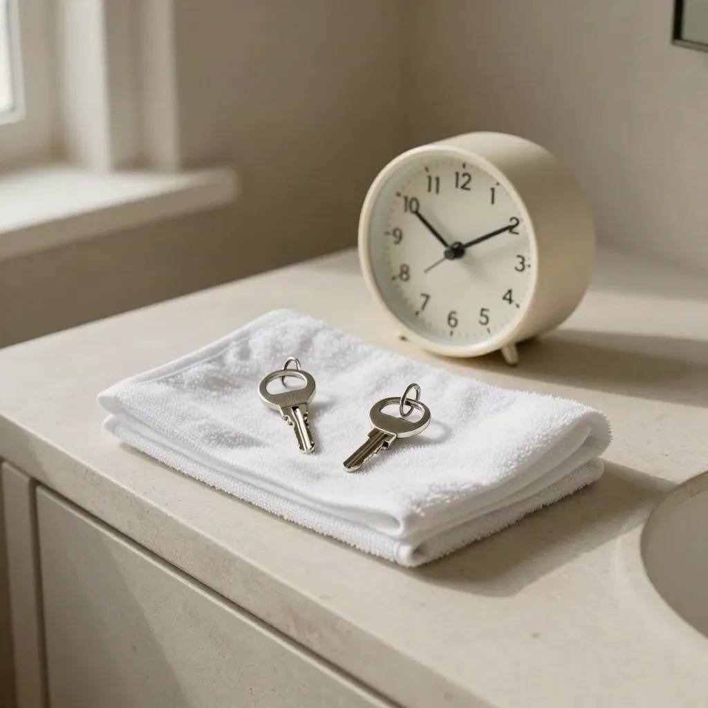 Zwei Schlüsselringe, gefaltetes Handtuchmuster und kleine Uhr auf hellem Putz