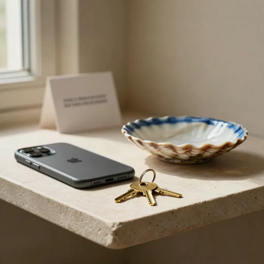 Schlüssel und Smartphone auf Steinsims mit Muschelschale, ruhige maritime Szene.