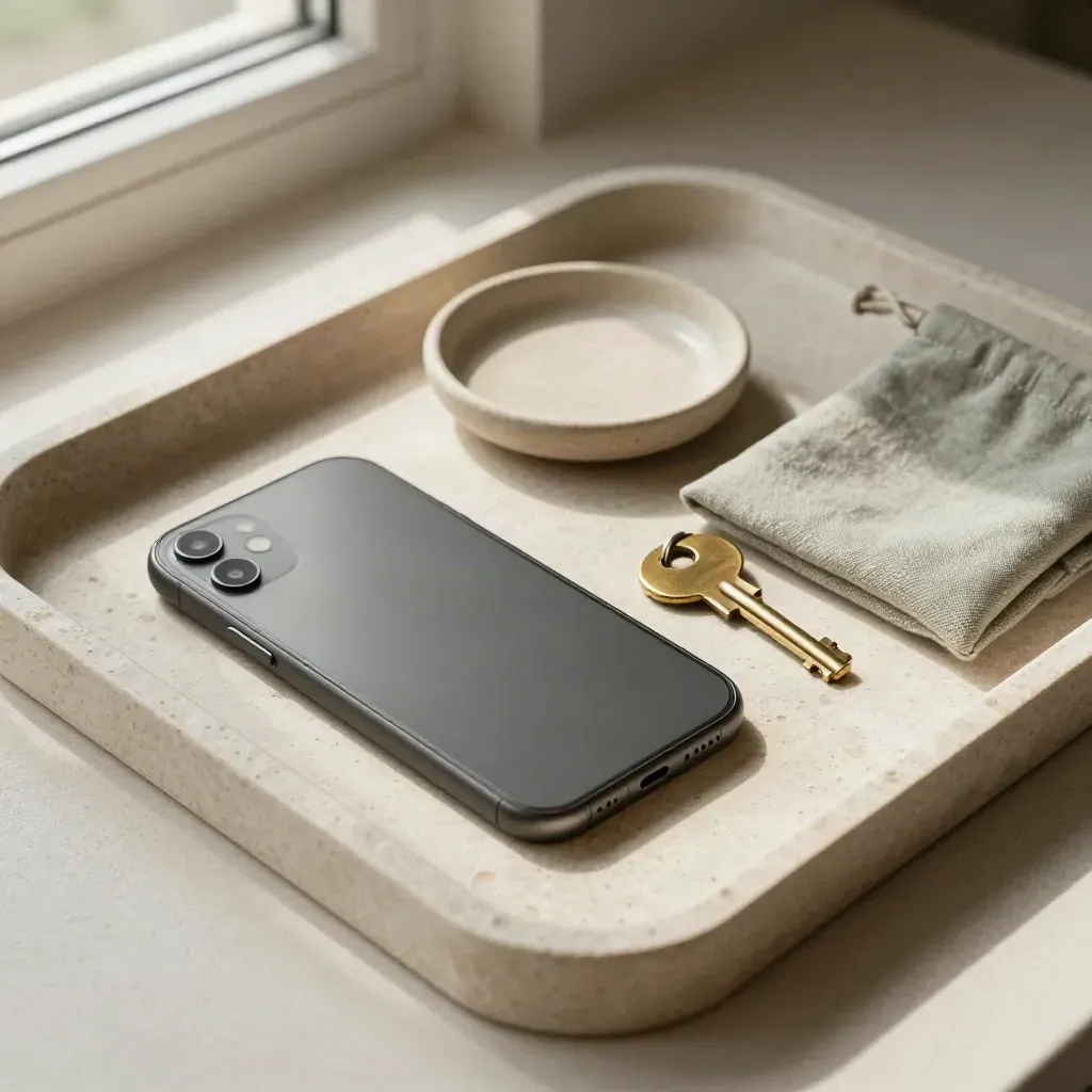 Smartphone, Schlüssel, Keramikschale und Leinenbeutel auf Steintray im hellen Stillleben.