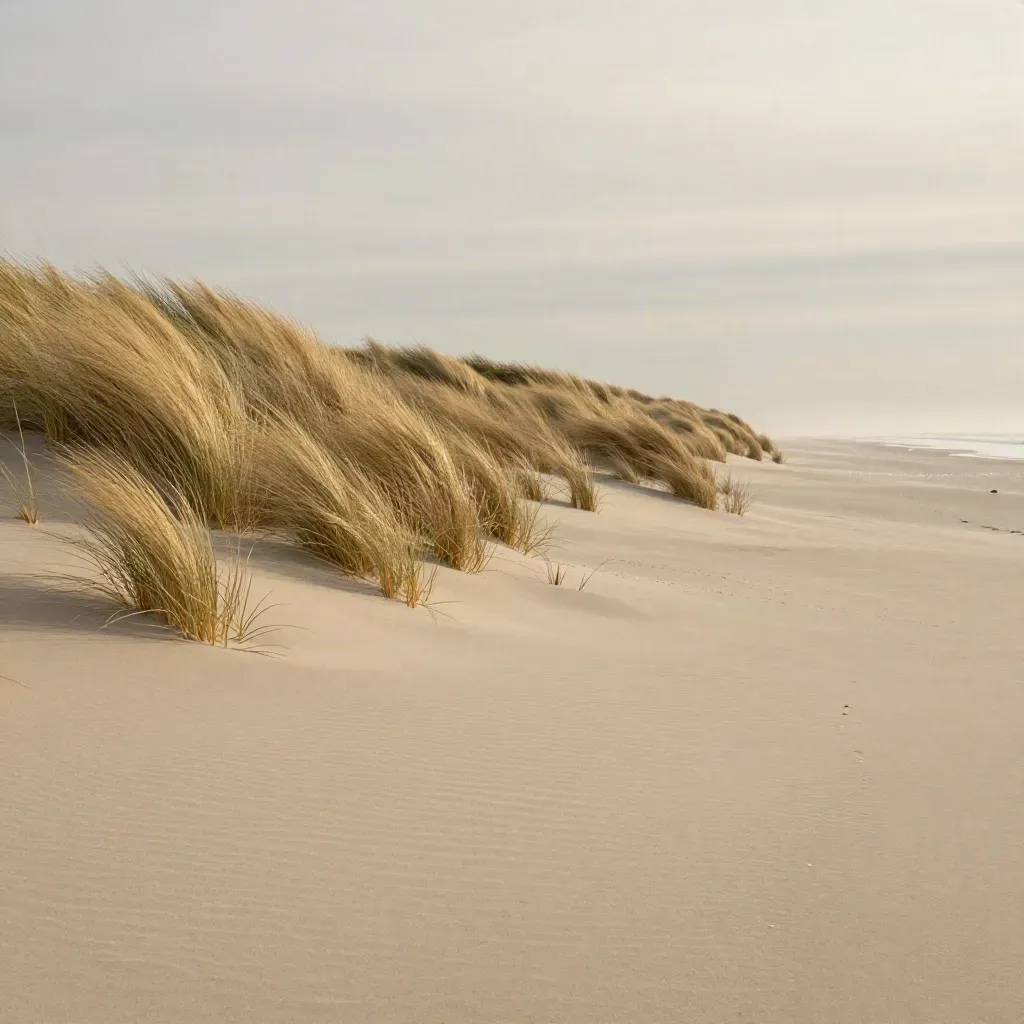 Westerländer Düne mit Strandgras, heller Sandfläche und weitem Himmel im Abendlicht.