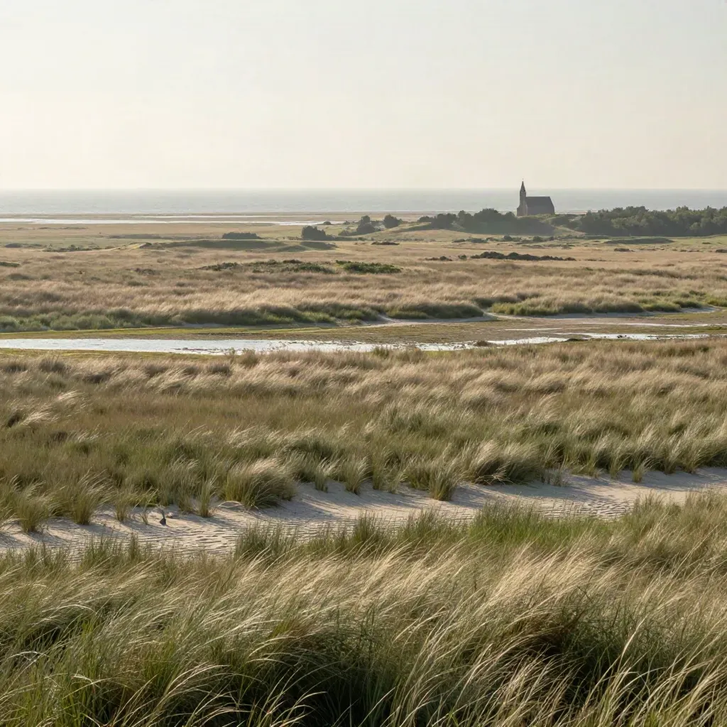Weite Marschlandschaft auf Sylt mit kleinem Kirchturm im Dunst