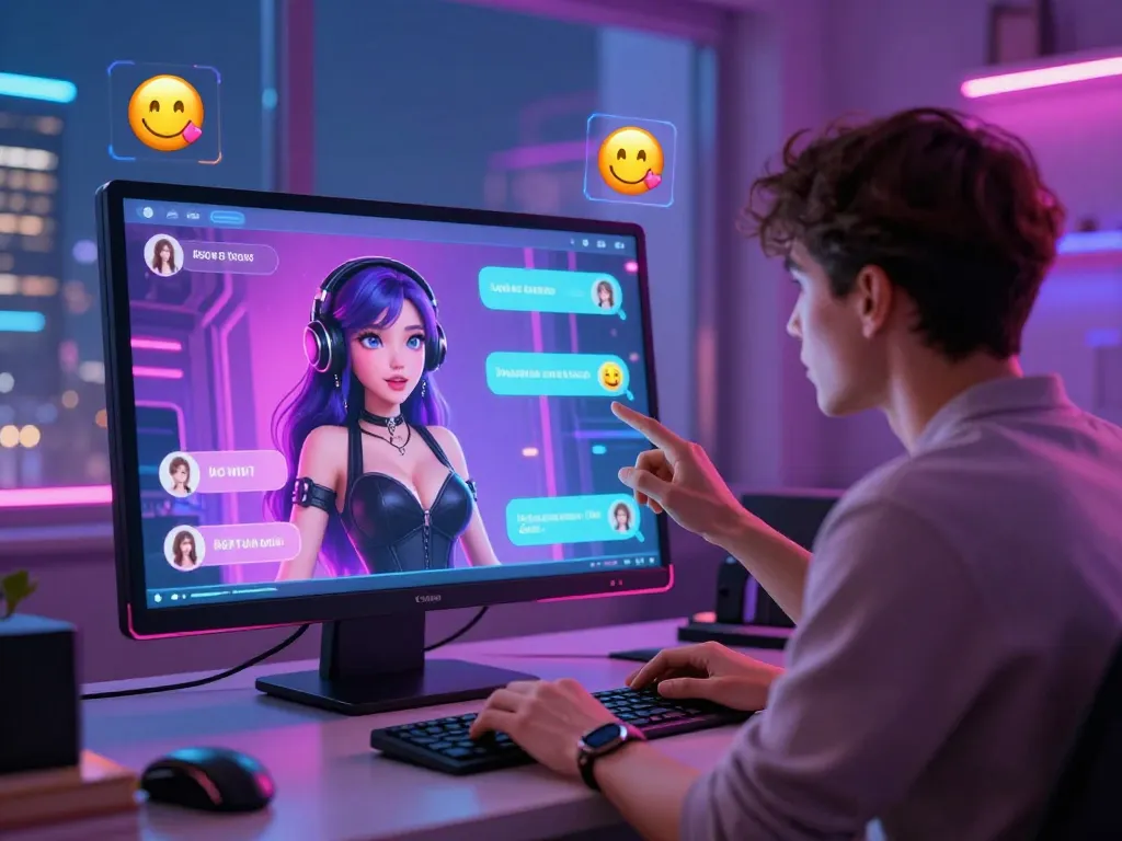 NSFW chat bot engaging users with playful animated character and vibrant chat interface in a modern digital setting.