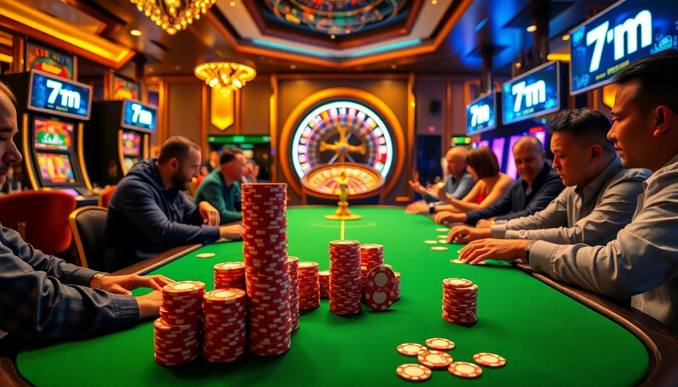 Experience high-stakes gambling at a luxurious poker table with 7m excitement and vibrant chips.