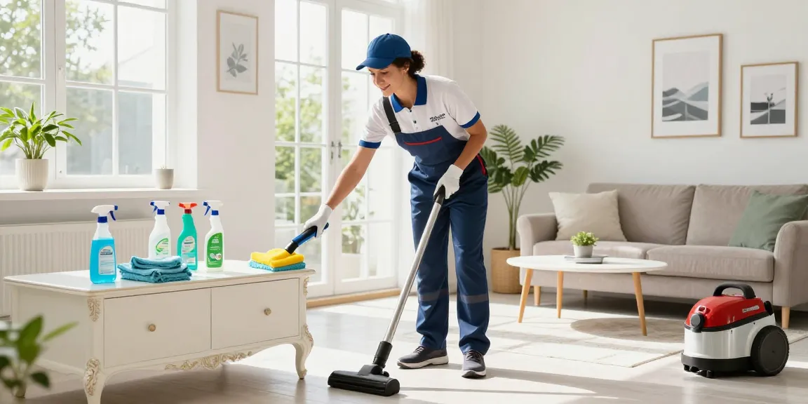 Professional cleaner from reinigungsfirmen bern dusting a bright living room, showcasing a commitment to cleanliness.