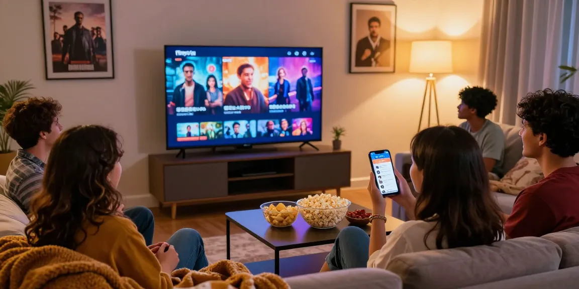 Friends enjoying movie night using FilmyZilla, snacks on the table.