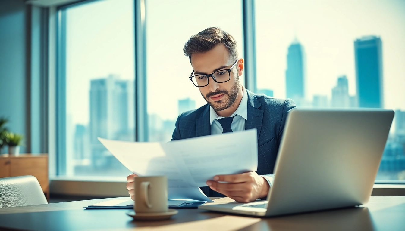 Headhunter Schweiz analysiert Bewerbungen in einem modernen Büro mit Stadtblick.