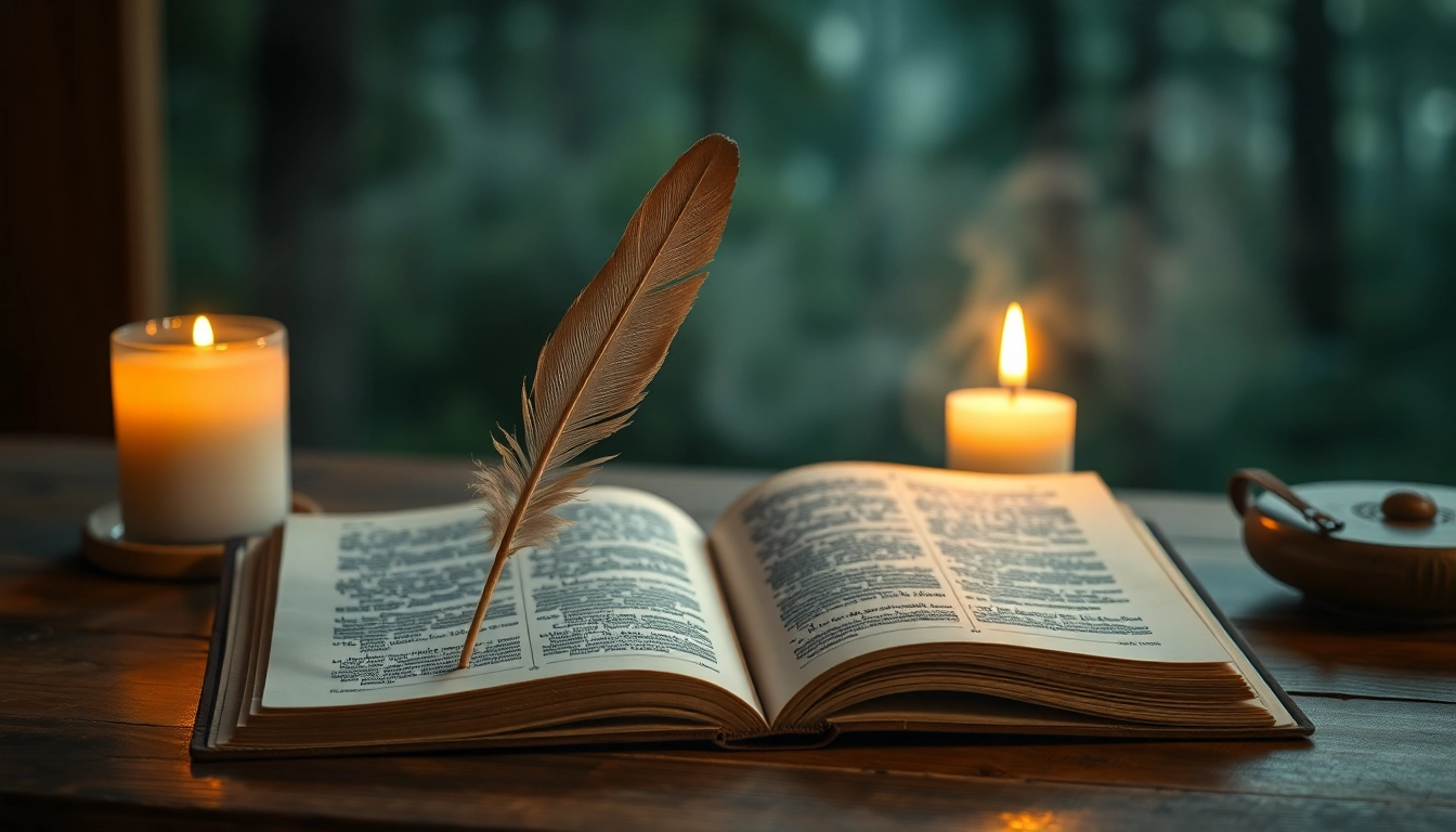 Schutzgebet in einem spirituellen Setting mit einem offenen Buch und einer Feder.