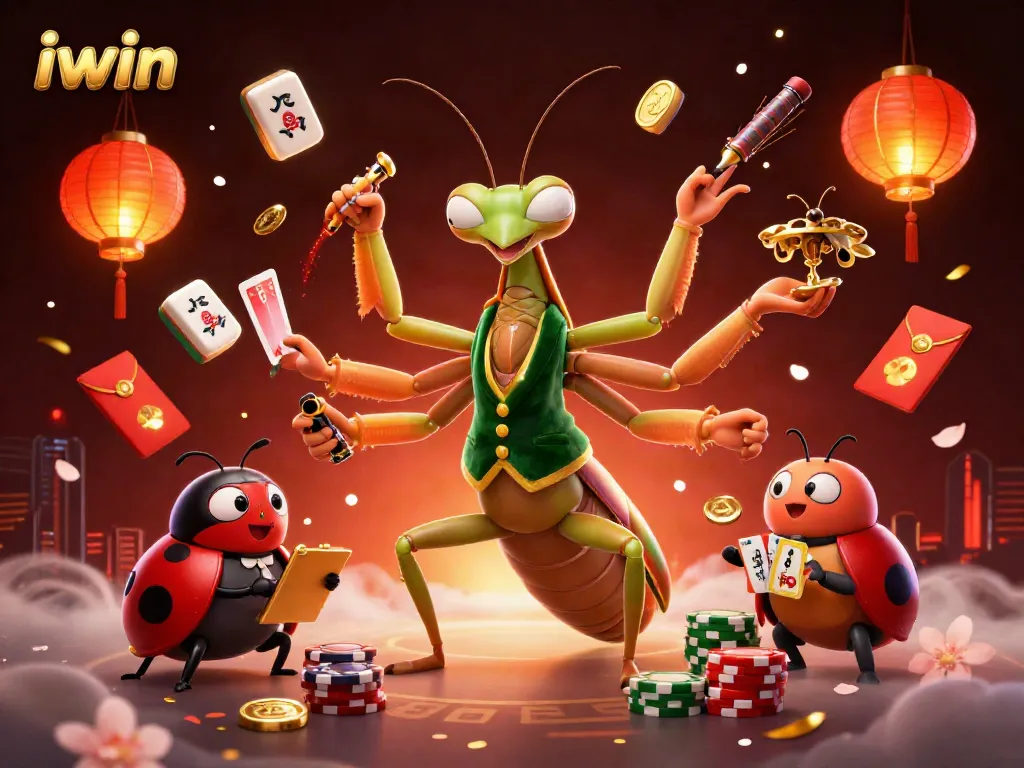 iwin presents a vibrant casino scene with a giant praying mantis card sharp and ladybug pit boss managing lively games.