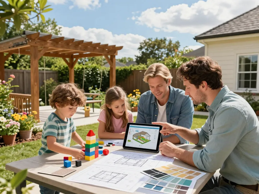 Familie erkundet gemeinsam den Veranda 3D Konfigurator in einer sonnigen Gartenumgebung.
