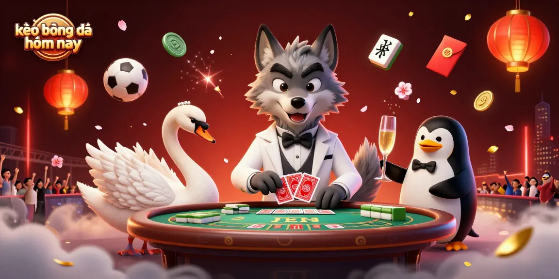 Engage in thrilling kèo bóng đá hôm nay with vibrant 3D sports betting scene illustration featuring a debonair wolf and elegant swan.