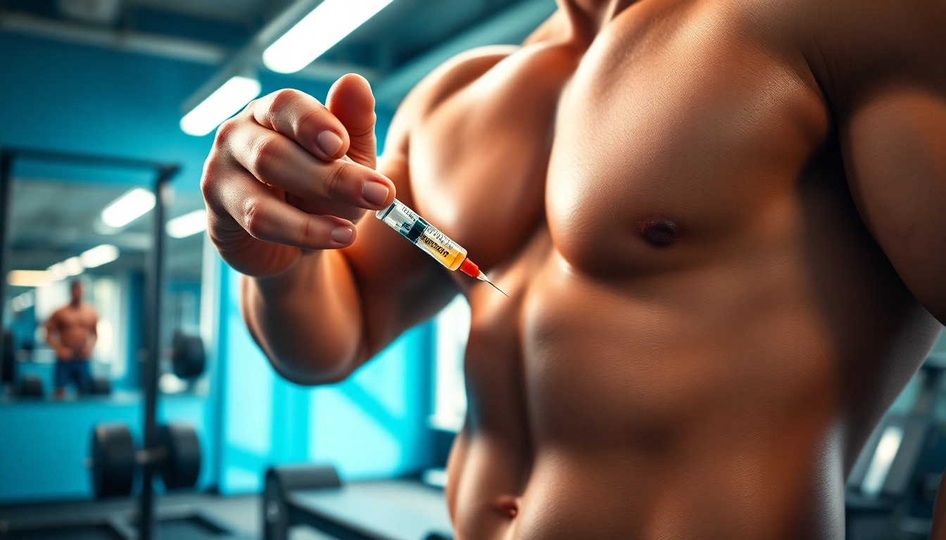 Sustanon 250 kaufen im Fitnessstudio - Athlet injiziert Muskeldämmertestosteron.