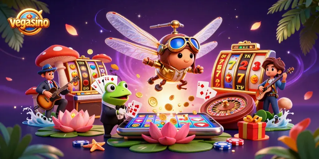 Experience thrilling games at vegasino with an interactive casino scene featuring a dragonfly pilot and frog croupier.