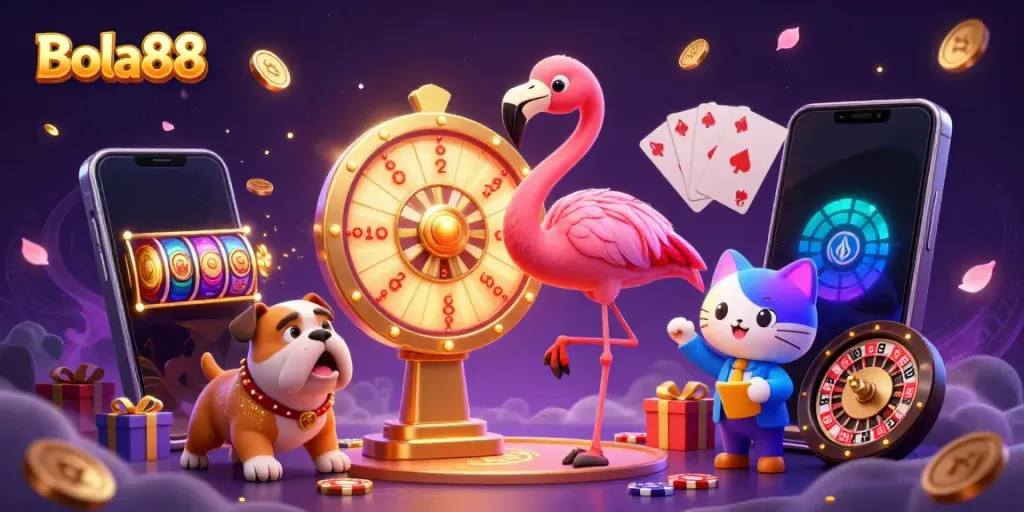Win big with Bola88 as a game show host and excited contestants celebrate casino fun!