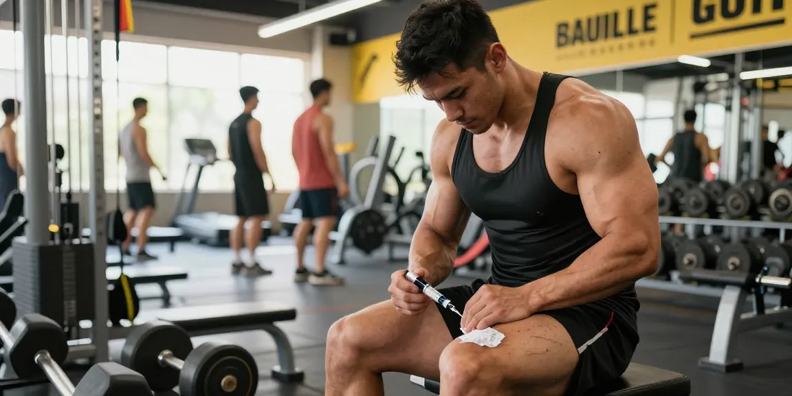 Ein Bodybuilder im Anabolika Shop spritzt Anabolika in seinen Oberschenkel, umgeben von Fitnessgeräten.