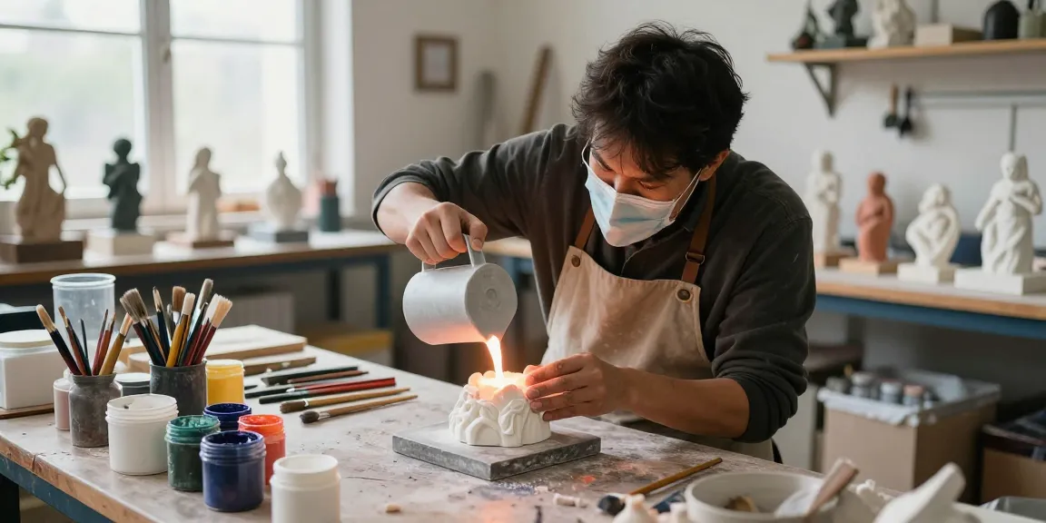 Prototypenbau in einer Werkstatt mit einem Handwerker, der geschmolzenes Material in eine Form gießt.